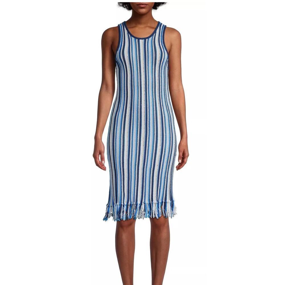 White + Warren Blue White Stripe Mercerized Cotton Fringe Midi Dress XS NEW Tags
